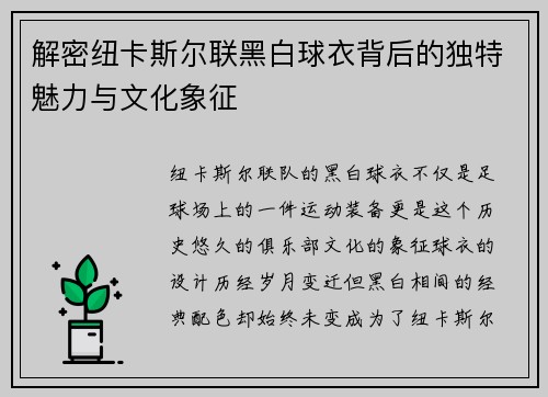 解密纽卡斯尔联黑白球衣背后的独特魅力与文化象征